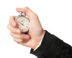 Stopwatch in a hand isolated on white background