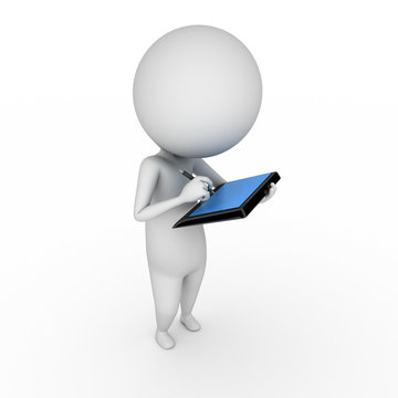 3d rendered illustration of a little guy with a tablet pc
