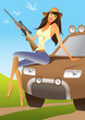 huntress sitting on an offroad car - vector illustration