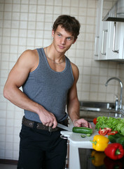 Poster - Young Sexy Man Preparing Salad