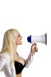 young blond woman with a megaphone (white background)