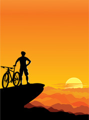 A boy with a mountain bike – sunset landscape.