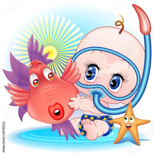 Bambino con Pesce Cartoon-Baby Boy with Funny FIsh-Vector