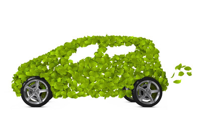 Green Leaves Environmentally Friendly Car isolated on White Background. Go Green- Concept