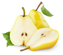 Isolated Pears. Yellow Pear Fruits, One Whole And One Cut In Halves Isolated On White Background