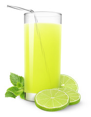 Poster - Isolated drink. Glass of lime juice and mint leaf isolated on white background