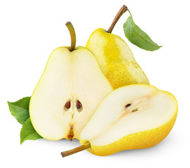 Canvas Print - Isolated pears. Yellow pear fruits, one whole and one cut in halves isolated on white background