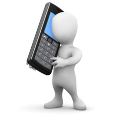 3d little man talks on his mobile phone