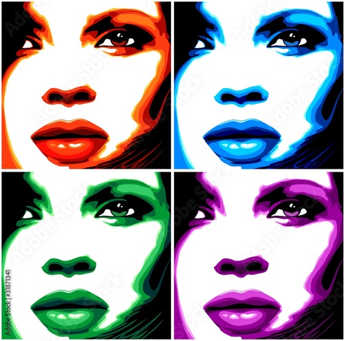 Plakat na zamówienie Viso Donna Pop Art-4 Colori-Stylized Woman Girl's Face -Vector