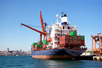 Canvas Print - Freighter ship under loading in docks