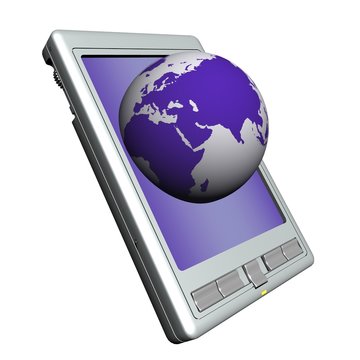 pocket pc and globe a white background