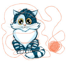 Cat Playing With Ball Of Yarn