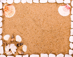 Wall Mural - Sea shells and stones frame on sand