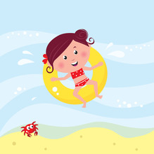 Illustration Of Cute Smiling Girl Swimming Near Beach