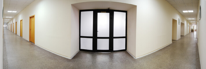 Office building corridor panorama closed door