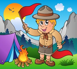 Wall Mural - Scout boy with flags outdoor