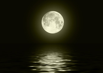 the full moon in the night sky reflected in water