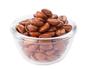 Wall Mural - Natural coffee beans heap in transparent glass bowl, isolated on