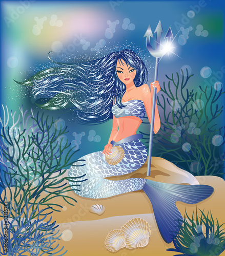 Fototapeta na wymiar Beautiful Mermaid with Trident and seashell, vector