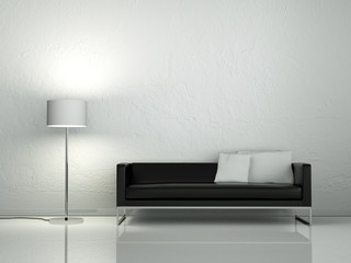 Schwarzes Ledersofa mit Stehlampe