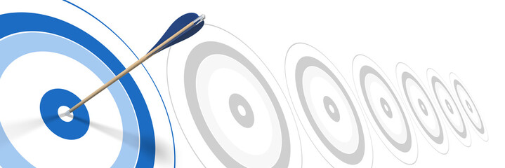 Wall Mural - blue arrow, hitting center of target - dart success concept