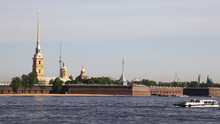 Boat Floats Neva River At Peter And Paul Fortress