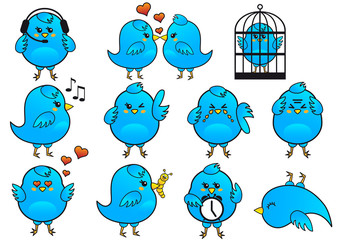 blue bird icon set, vector