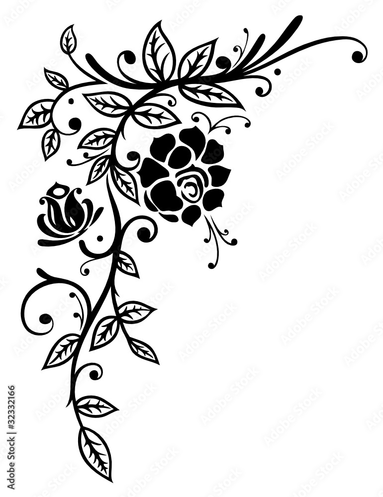 Stock-Vektorgrafik „Rose, Rosen, Ranke, Blumen, Blüten, Blätter, schwarz“