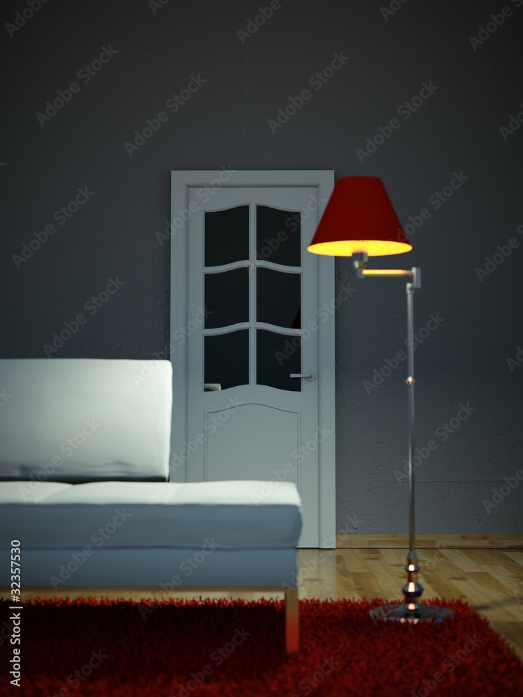 3d Rendering Weisses Sofa Mit Roter Lampe Stock Gamesageddon