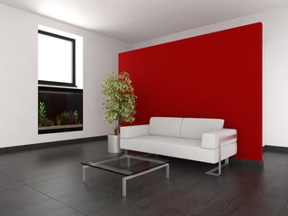 modern living room with red wall and aquarium