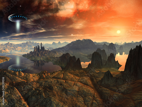 Cuadros en Lienzo Flying Saucer Ship over Alien Landscape