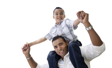 Wall Mural - Hispanic Father and Son Having Fun Isolated on White