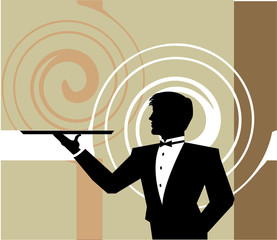 Waiter holding a empty tray. Vector illustration