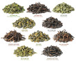 Isolated teas. Piles of 10 famous chinese oolong teas isolated on white background