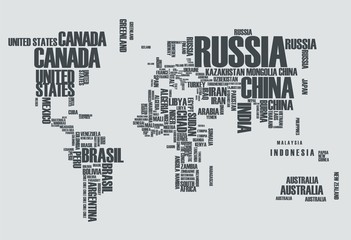 World map:the contours of the country consists of the words