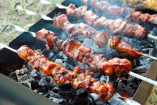 Grilled Barbecue Sticks Cooking On Coals On Mangal Outdoor