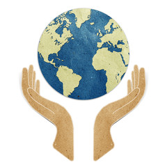 Wall Mural - earth in hands recycled paper craft stick on white background