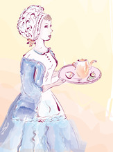Vintage Waitress Watercolor Card In Pastel Colors
