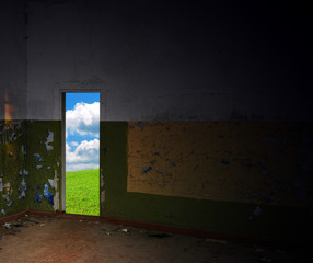 Wall Mural - Dark abandoned room exit to green meadow