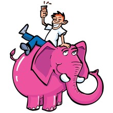 Cartoon Drunk Man Riding A Pink Elephant