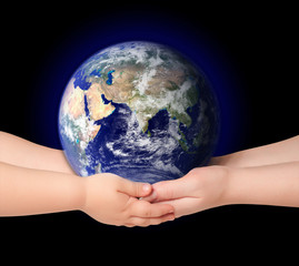 child and woman holds earth globe