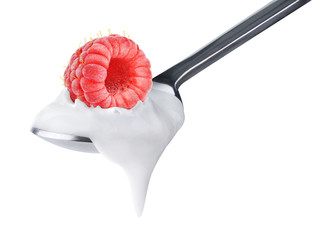 Poster - Isolated yogurt. Spoon of natural yogurt with raspberry fruit on top isolated on white background