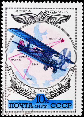 Poster Postal stamp. Airplane R-3 (ANT-3), 1925