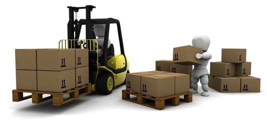 Wall Mural - Man Driving Fork Lift Truck Isolated on White