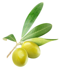 Poster - Isolated olives. Two green olives on with leaves isolated on white background