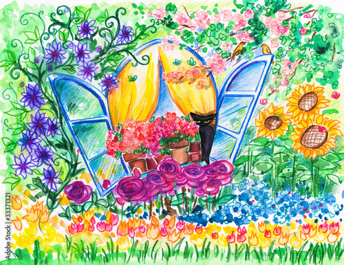 widok-z-okna-na-kolorowy-kwiatowy-ogrod-kolorowy-rysunek