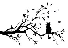 Cat On A Tree With Birds, Vector