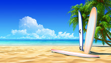 Three Surf Boards On Idyllic Tropical Sand Beach