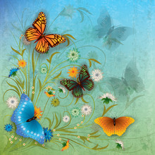 Abstract Grunge Illustration With Butterfly And Flowers