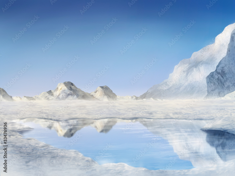 snow covered mountains reflected in a frozen lake - obrazy, fototapety, plakaty 